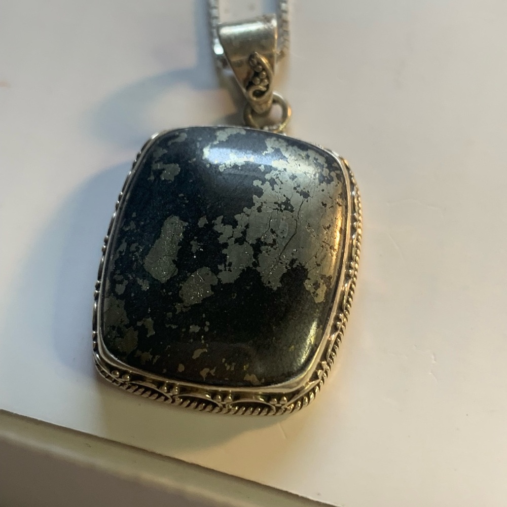 Sterling Silver Black and Silver Pyrite Inlay Pendant Necklace